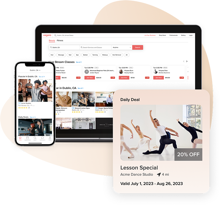 A phone and tablet showing Vagaro’s calendar filled with bookings in our dance studio software and app